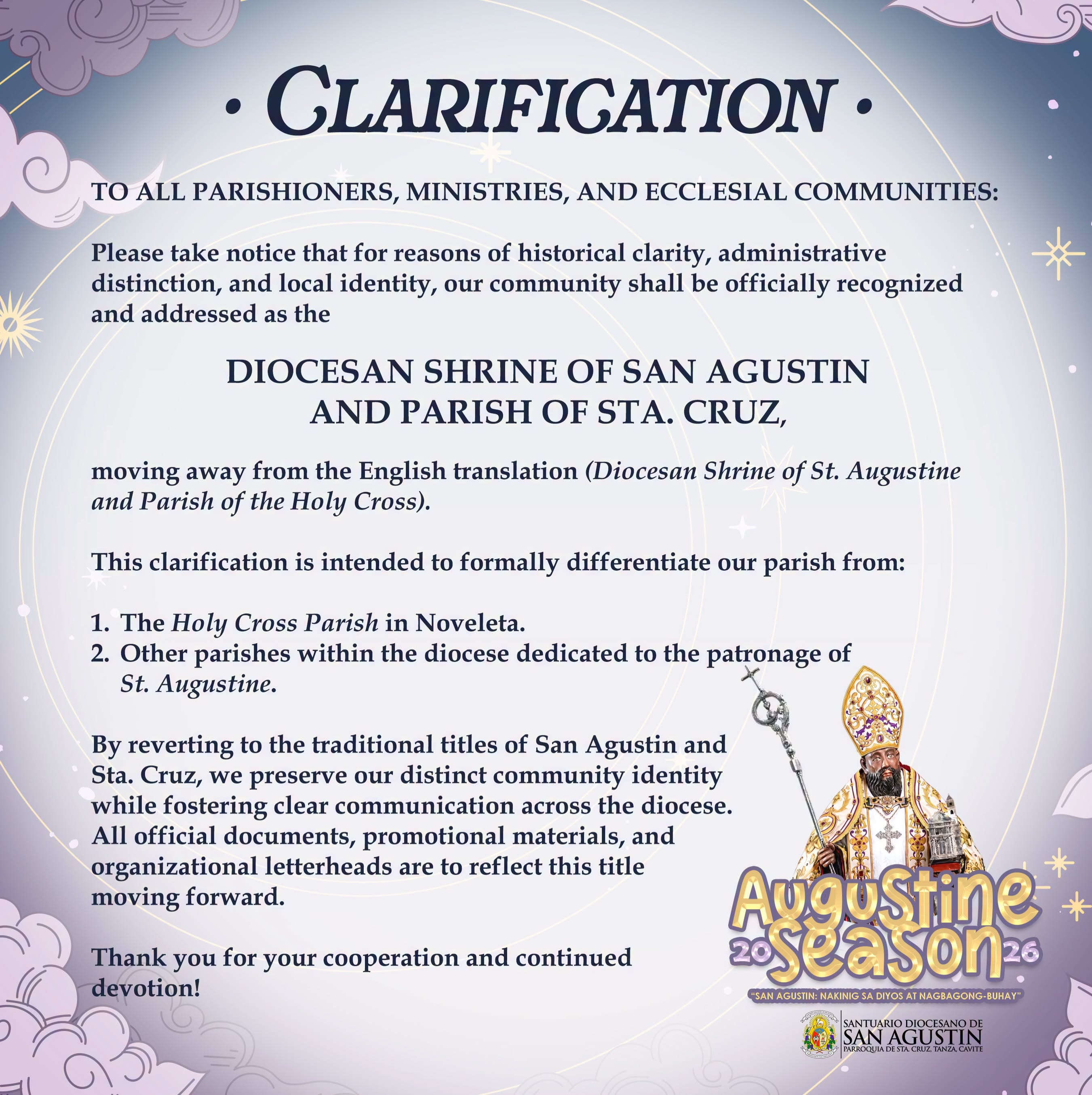OFFICIAL COMMUNIQUE: On the Official Title of the Parish and Shrine
